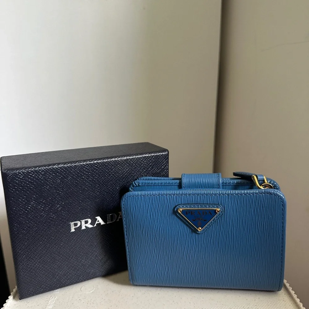 PRADA Blue Vitello Move Tr Leather Triangle Logo Compact Wallet